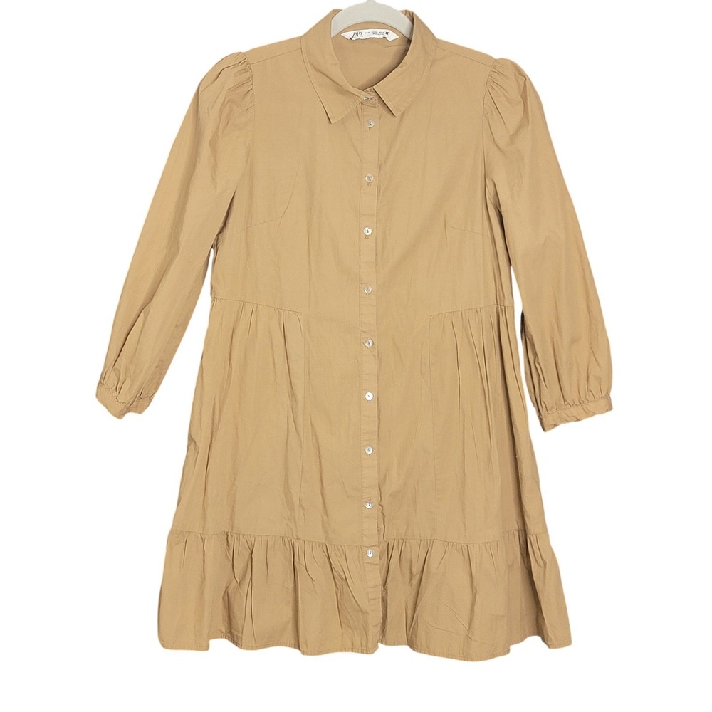 Zara‎ Shirtdress Womens XS Tan Long Sleeve Tiered Mini Poplin Cotton Cotagecore